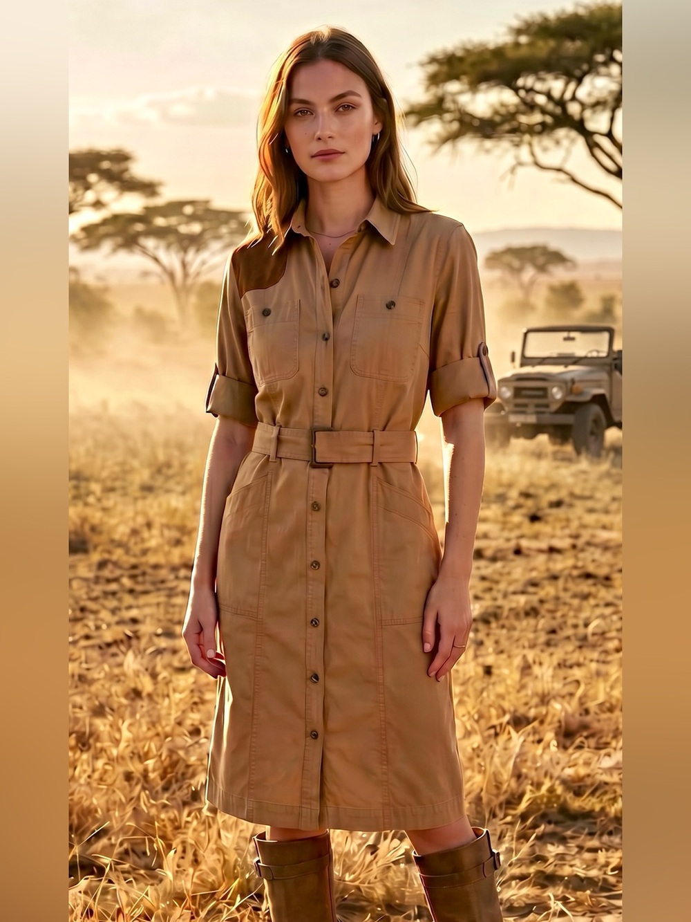Lauren Ralph Lauren Tan Utility Shirt Dress with Belt.